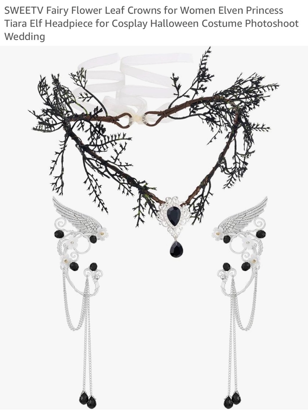 Black Leaf Tiara with Silver Wing Earrings - SWEETV Fairy Elven Headpiece